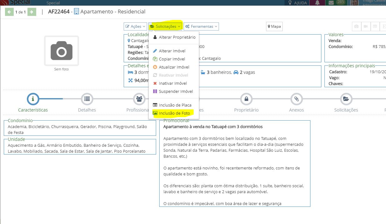 2 - Abra a ficha do imóvel, e acesse SOLICITAÇÕES e INCLUSÃO DE FOTO.JPG